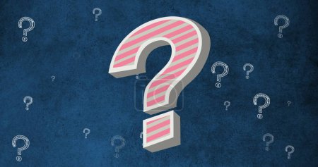 Photo for Pink striped question mark symbol against multiple question mark icons on blue background. school and education concept - Royalty Free Image