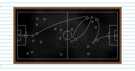 Image of football game strategy drawn on black chalkboard against white lined paper background. Sports tournament and competition concept
