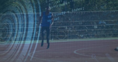 Image of digital data processing over disabled male athlete with running blades on racing track. global sports, competition, disability and digital interface concept digitally generated image.