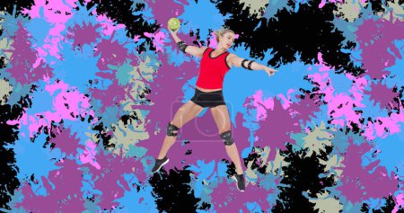 Foto de Imagen de una jugadora de balonmano caucásica sosteniendo la pelota sobre coloridas manchas. concepto deportivo y de competición imagen generada digitalmente. - Imagen libre de derechos