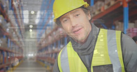 Photo for Image of data processing over man working in warehouse. global shipping, delivery and connections concept digitally generated image. - Royalty Free Image