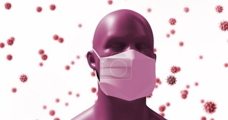 Imagen de una cabeza humana digital con una máscara facial con modelos de virus gigantes flotando sobre un fondo blanco. Compuesto digital del concepto pandémico de Coronavirus Covid-19.