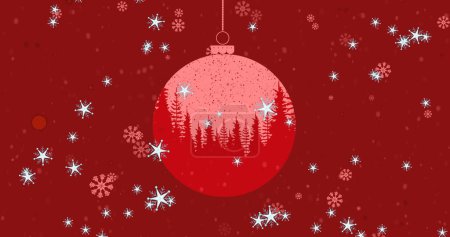 Foto de Múltiples copos de nieve e iconos de estrellas que caen sobre la decoración de bolas colgando sobre fondo rojo. fiesta de Navidad y concepto de celebración - Imagen libre de derechos