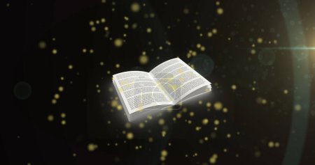 Photo for Image of yellow glowing spots over open book. international literacy day and reading concept digitally generated image. - Royalty Free Image
