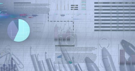 Photo for Image of digital infographic interface over pencils and crayons and pins on white paper. Digital composite, multiple exposure, report, database, investment, education, art and technology concept. - Royalty Free Image