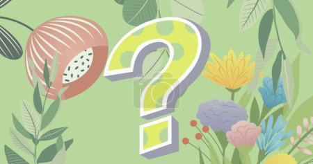 Foto de Image of question mark over plants and flowers on green background. Global education and digital interface concept digitally generated image. - Imagen libre de derechos
