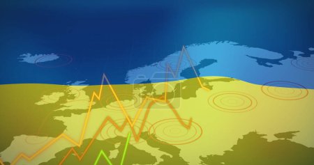 Image of financial data and graph over europe map and flag of ukraine. ukraine crisis, economic crash and international politics concept digitally generated image.