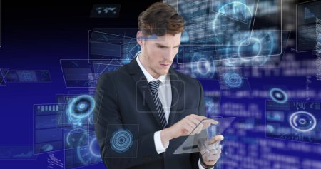 Photo for Image of scope scanning and data processing over man using tablet. digital interface, communication and technology concept digitally generated image. - Royalty Free Image
