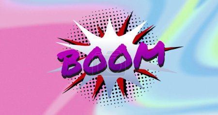Imagen de texto boom en letras púrpura en burbuja de habla retro sobre fondo multicolor. Imagen generada digitalmente de estilo de dibujos animados vintage.