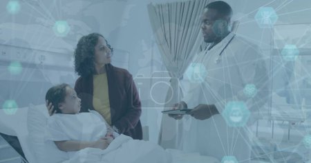 Image of medical data processing over african american male doctor with girl patient. Global healthcare, science, medicine, research and data processing concept digitally generated image.
