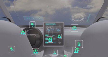 Image of data processing and ecology icons over car and clouds. Global business and digital interface concept digitally generated image.