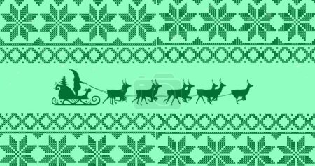 Téléchargez les photos : Image de motif de Noël et Père Noël claus en traîneau avec des rennes sur fond vert. Noël, fête, célébration et concept de tradition image générée numériquement. - en image libre de droit