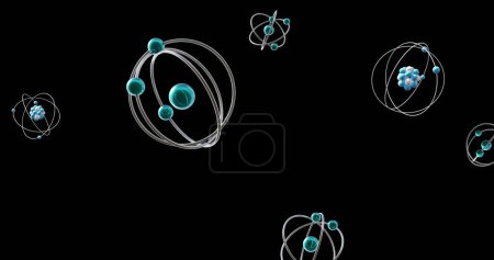 Foto de Imagen de modelos atómicos girando sobre fondo negro. Ciencia global, investigación, conexiones, computación y procesamiento de datos concepto de imagen generada digitalmente. - Imagen libre de derechos