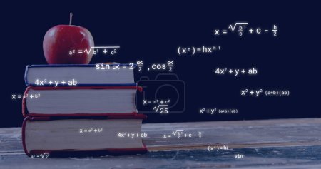 Photo for Image of mathematical equations over books and apple on black background. Education, learning, knowledge, science and digital interface concept digitally generated image. - Royalty Free Image