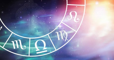 Photo for Composition of sagittarius star sign symbol in spinning zodiac wheel over glowing stars. horoscope and zodiac sign concept digitally generated image. - Royalty Free Image