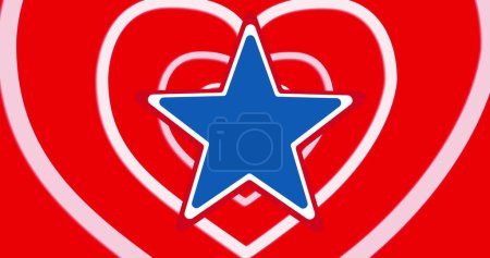 Bild eines Sterns über roten Herzen auf rotem Hintergrund. Amerikanische Unabhängigkeit, Tradition und Feierkonzept digital generiertes Image.