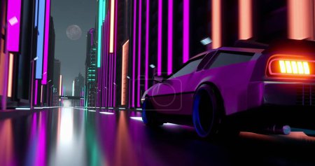Foto de Un coche futurista se para en un paisaje urbano iluminado por neón por la noche. Colores vibrantes y una estética de ciencia ficción definen esta escena nocturna urbana, evocando un sentido de tecnología avanzada. - Imagen libre de derechos
