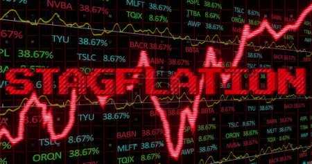 Photo for Image of stagflation text in red over graph and financial data processing. Global business economy, stagnation, inflation and digital communication concept digitally generated image. - Royalty Free Image