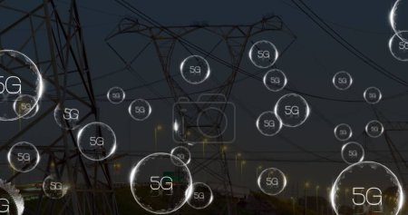 Photo for Image of network of 5g text over electrical pylons. Global networks, connections, data processing and digital interface concept digitally generated image. - Royalty Free Image