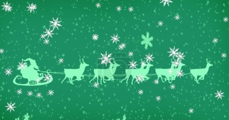 Photo for Image of christmas snow falling over santa claus in sleigh with reindeer on green background. Christmas, festivity, celebration and tradition concept digitally generated image. - Royalty Free Image