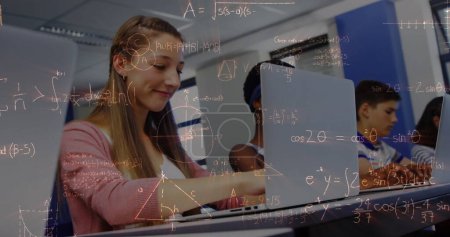 Photo for Image of mathematical equations over schoolchildren using laptop. global education, technology and connections concept digitally generated image. - Royalty Free Image