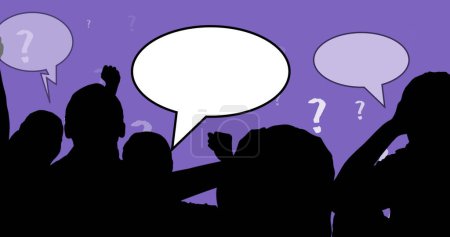 Photo for Image of people silhouettes with speech bubbles over question marks on purple background. Global education and digital interface concept digitally generated image. - Royalty Free Image