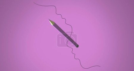 Image of pencil moving and black string on pink background. Education, school items and school concept, digitally generated image.