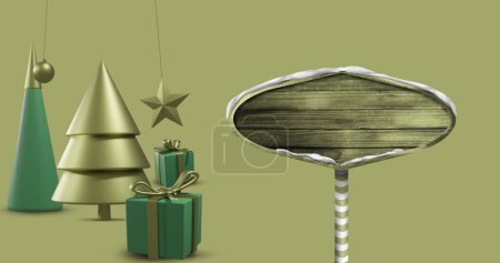 Photo for Image of christmas decorations with road sign on yellow background with copy space. Christmas, tradition and celebration concept digitally generated image. - Royalty Free Image