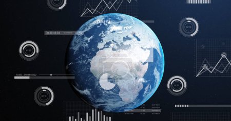 Image of financial data processing over globe. Global computing, digital interface and data processing concept digitally generated image.