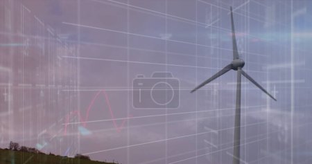Photo for Image of financial data processing over electric windmill. Electricity, energy and power distribution digitally generated image. - Royalty Free Image