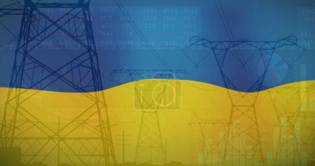 Image of flag of ukraine over field and electricity poles. Ukraine crisis, economic and energetic crash and international politics concept digitally generated image.