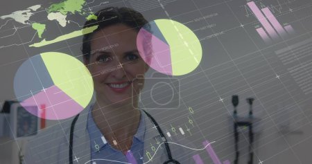 Photo for Image of financial data over happy caucasian female doctor. finance, economy, medicine, health and technology concept digitally generated image. - Royalty Free Image