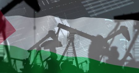 Photo for Image of oil rigs and financial data processing over flag of palestine. Palestine israel conflickt, finance, business and data processing concept digitally generated image. - Royalty Free Image