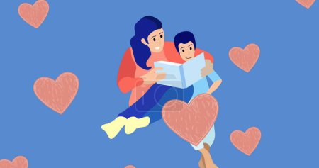 Image of caucasian mother reading to son over blue background with hearts. Family and adoption concept digitally generated image.