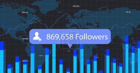 Bild der digitalen Schnittstelle Folgt Text und Menschen-Symbol mit wachsenden Zahlen auf blauer Sprechblase über der Weltkarte. Globales Social-Media-Netzwerk digital generiertes Bild.