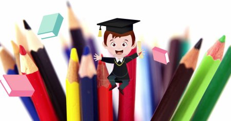 Photo for Image of excited schoolboy and schoolbooks moving over coloured pencils. school, education and study concept digitally generated image. - Royalty Free Image