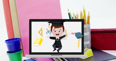Photo for Image of excited schoolboy and stationery moving on tablet screen over coloured pencils on desk. school, education, technology and study concept digitally generated image. - Royalty Free Image