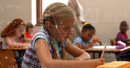 Photo for Image of math formulas over focused caucasian girl learning at school. learning, education and school concept digitally generated image. - Royalty Free Image