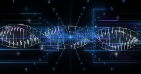 Foto de Imagen de la cadena de ADN a través de la red de conexiones con puntos brillantes. Ciencia global, investigación, conexiones, computación y procesamiento de datos, imagen generada digitalmente. - Imagen libre de derechos