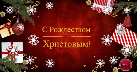 Photo for Image of christmas greetings in russian, christmas decorations and snow falling. orthodox christmas, tradition and celebration concept, digitally generated image. - Royalty Free Image