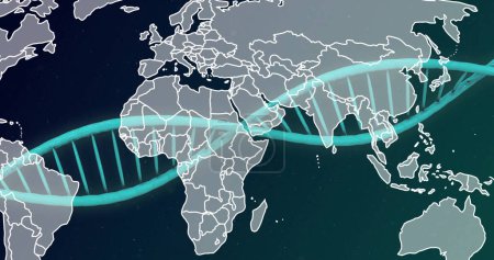 Image of dna strand over world map. Global science, research, connections, computing and data processing concept, digitally generated image.