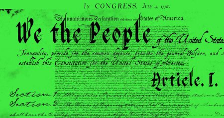 Digital image of a written constitution of the United States moving in the screen against a green background. 4k