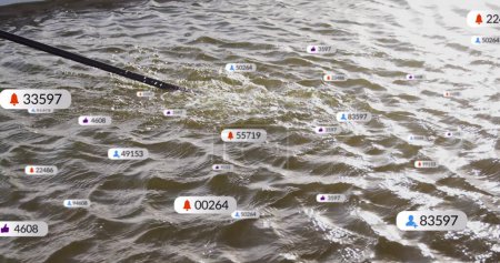 Image of social media notifications over our of rowing boat in river. Sport, hobbies, social network, digital interface, internet and communication, digitally generated image.