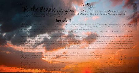 Digital image of written constitution of the United States moving in the screen with background of the sky with clouds during sunset. 4k