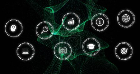 Bild eines Netzwerks neonfarbener Verbindungen mit Symbolen auf schwarzem Hintergrund. Globale Netzwerke, Verbindungen, Rechen- und Datenverarbeitungskonzept, digital generiertes Bild.