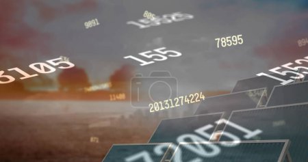 Photo for Image of falling numbers over field and solar panels. Global connections, technology and digital interface concept, digitally generated image. - Royalty Free Image