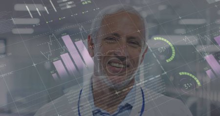 Statistical data processing over portrait of caucasian senior male doctor smiling at hospital. Medical healthcare and technology concept,