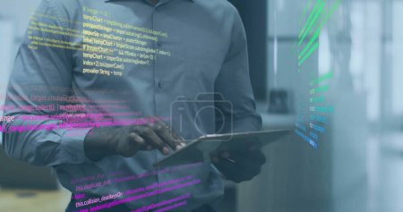 Photo for Image of data processing over african american businessman using tablet. Business, communication, technology, computing and digital interface concept, digitally generated image. - Royalty Free Image