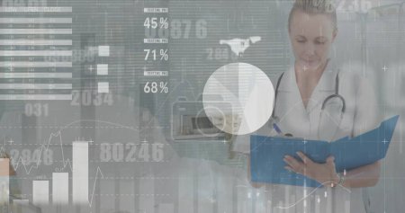Image of data processing over caucasian female doctor with file. Global medicine, healthcare services, connections, computing and data processing concept, digitally generated image.