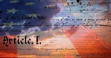 Digital image of a written constitution of the United States moving in the screen with a flag while background shows the sky with clouds. 4k
